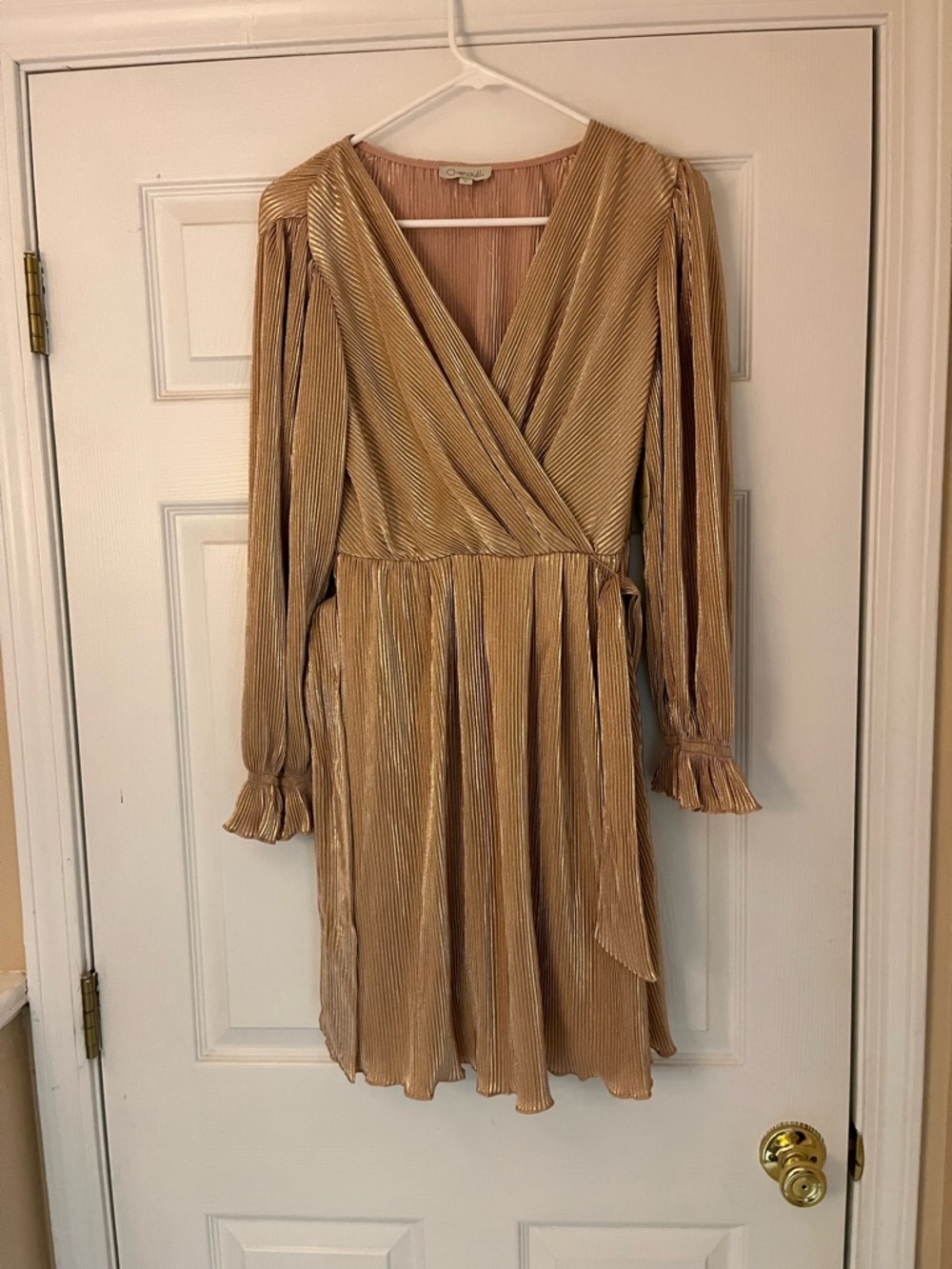 Chenault Pleated Wrap Mini Dress in Gold